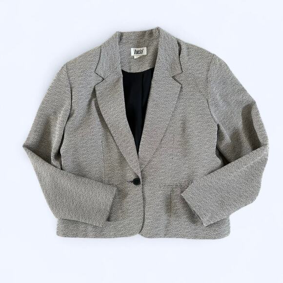 Vintage 80s Single Button Blazer Black & White Speckled Lucia size Large - Picture 2 of 7